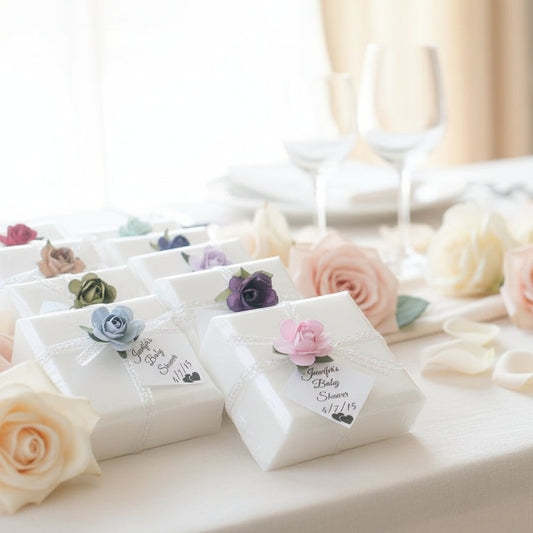 Floral Soap Favors with colorful flower decorations and personalized tags on a white background