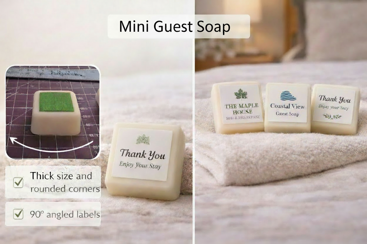 Accurate mini soaps with rounded corners and square labels on a bed.
