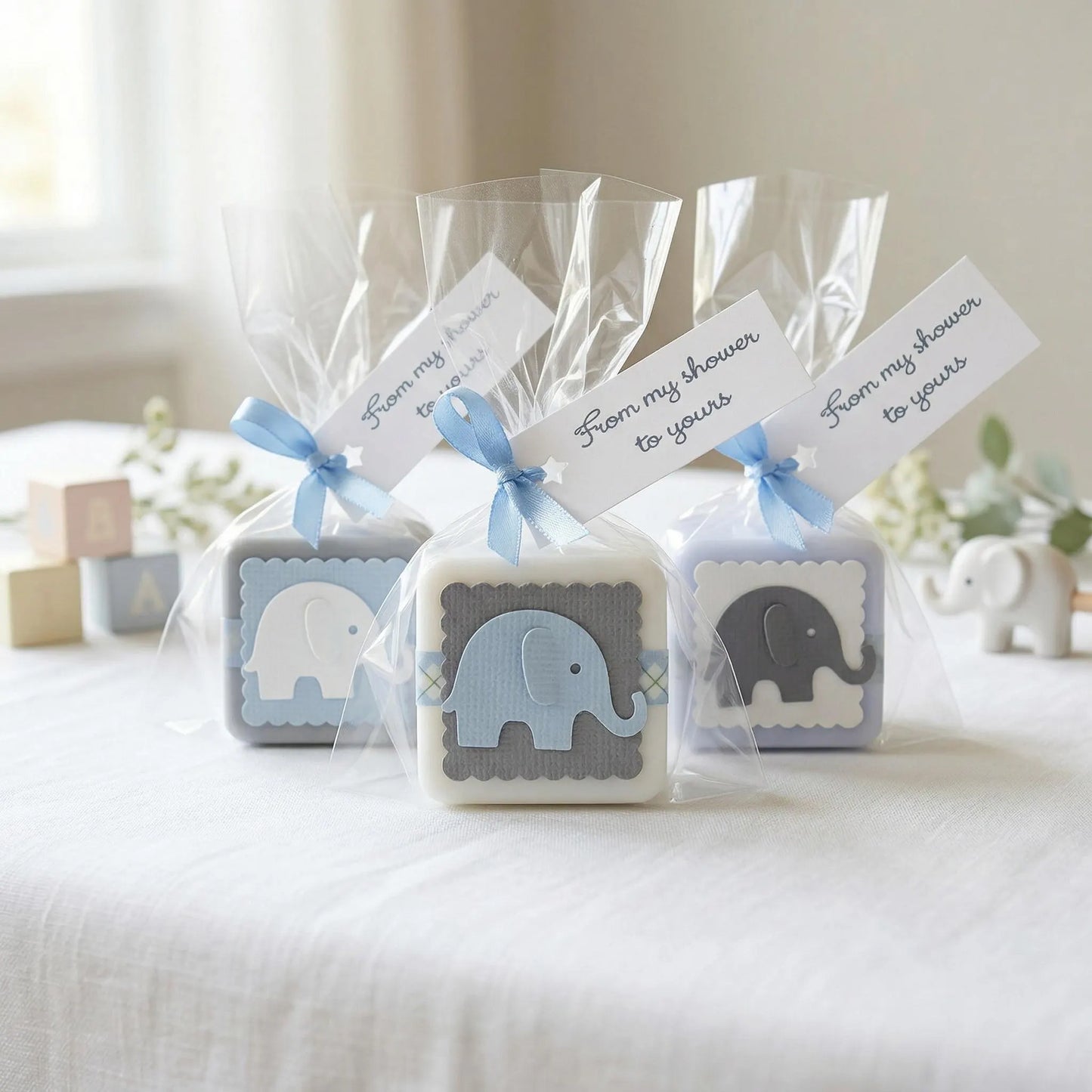 elephant baby shower soap favors with personalized tags and ribbon