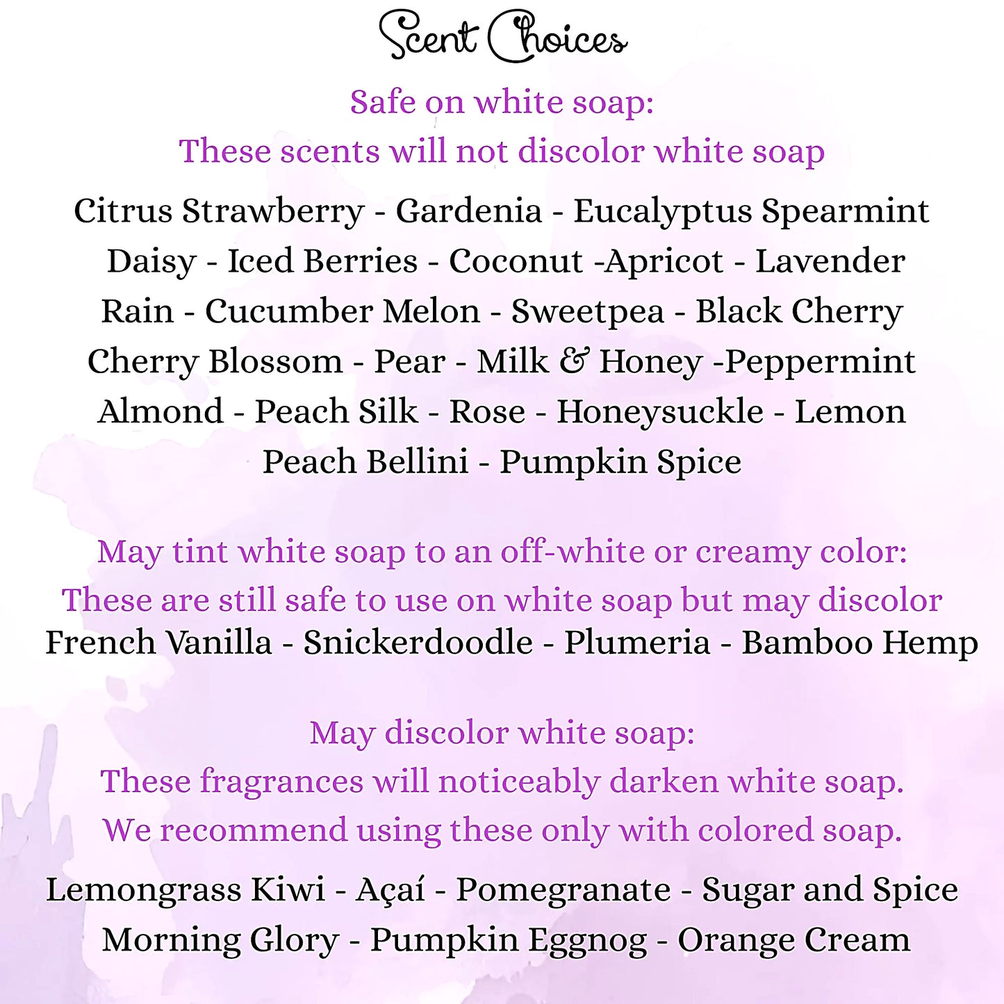 List of scents safe for use on white soap with a purple background and 'Scent Choices' branding.