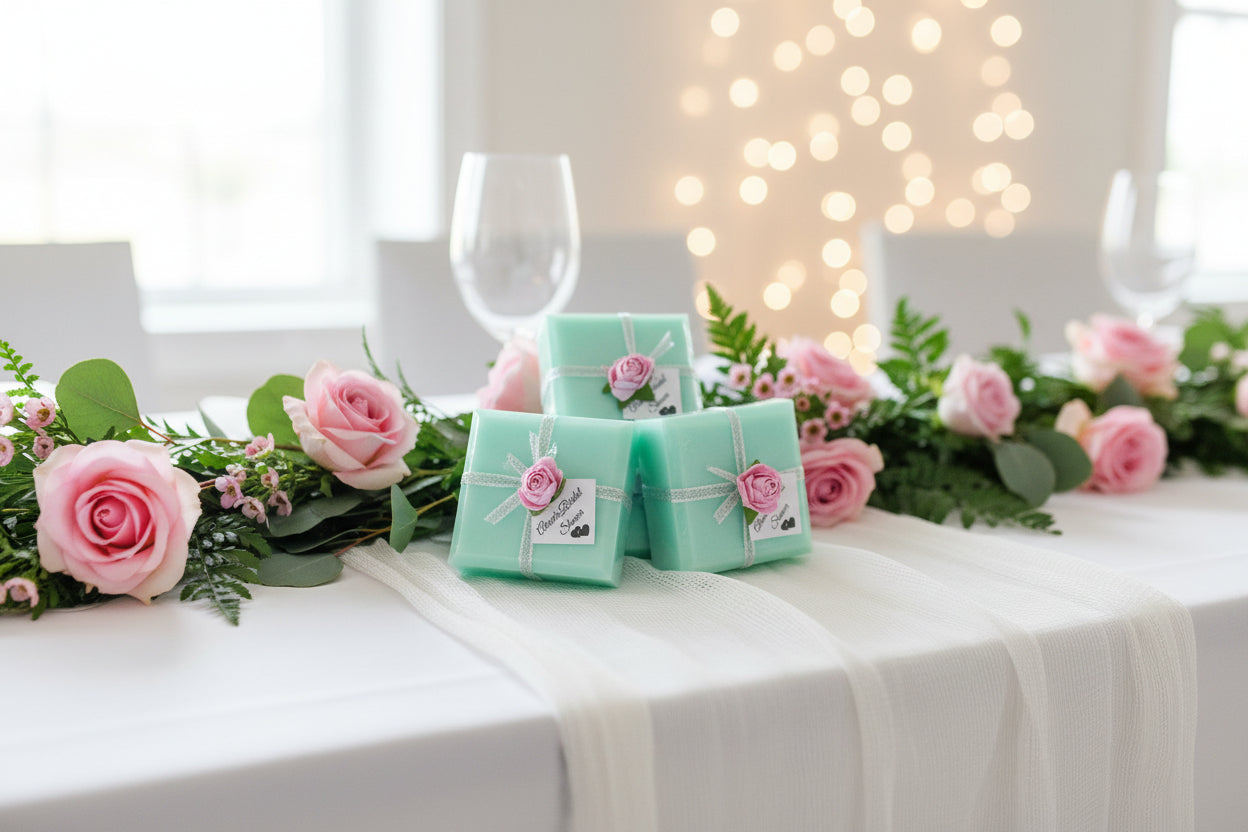 Mint green soap bars with pink rose decorations on a wooden surface