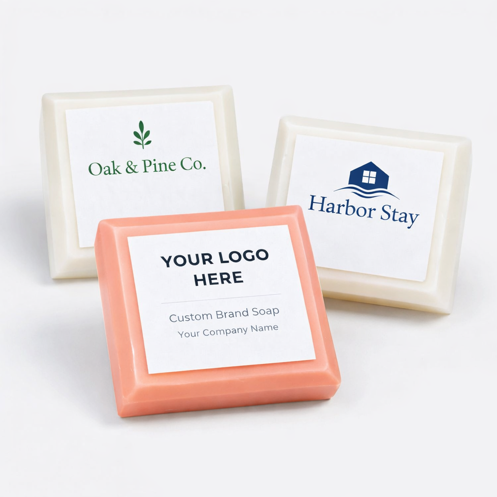 Custom brand soap with customizable text area on a white background