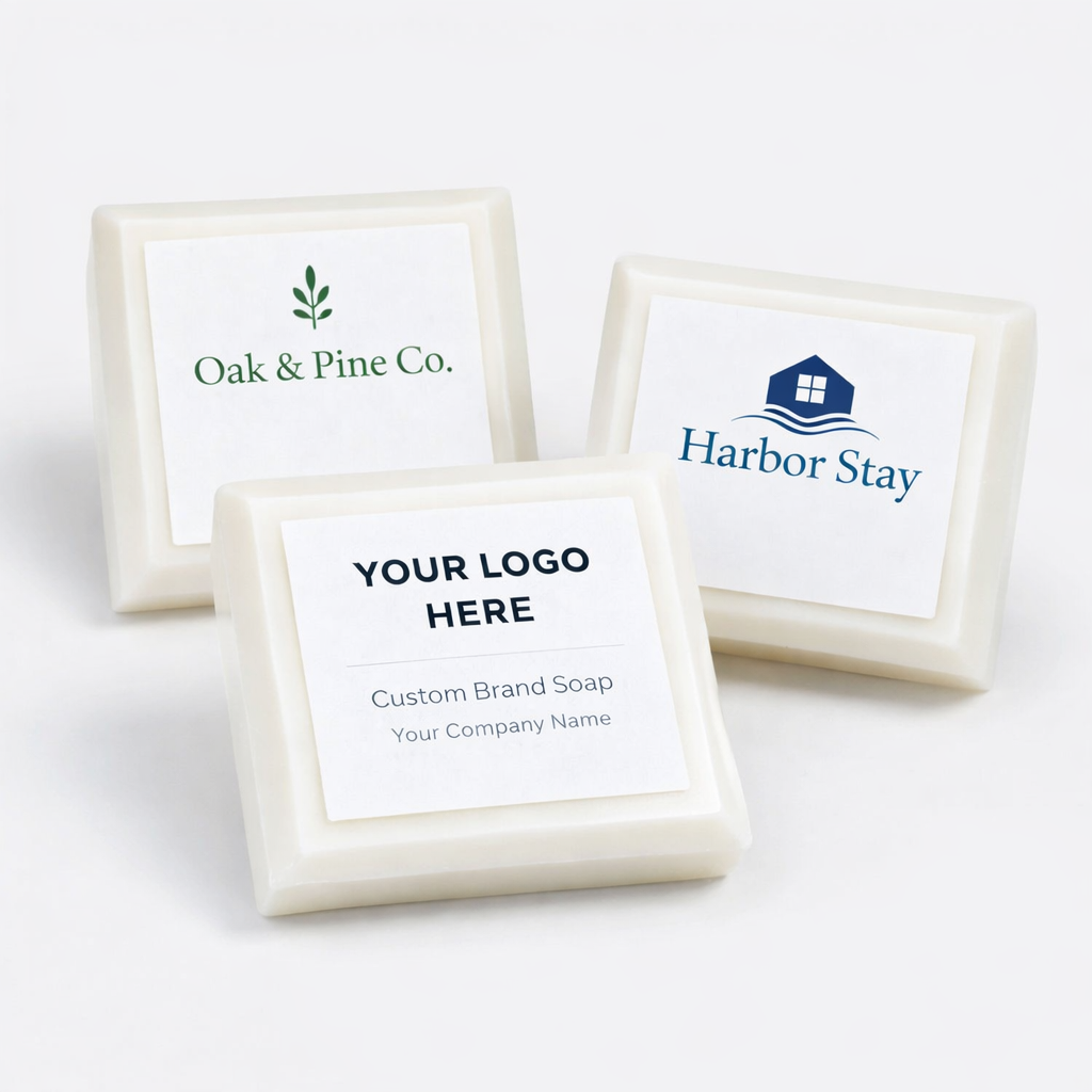 Three custom brand soaps with visible logos on a white background