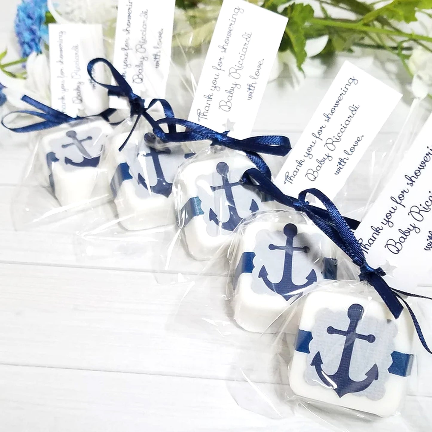 Nautical Mini Soap Favor with anchor design in clear packages on a white background
