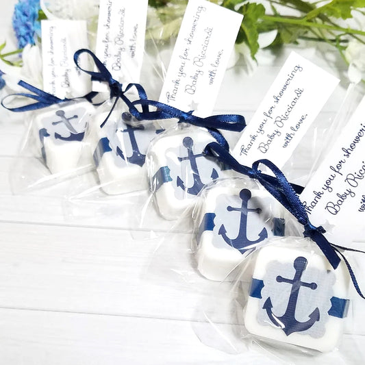 Nautical Mini Soap Favor with anchor design in clear packages on a white background